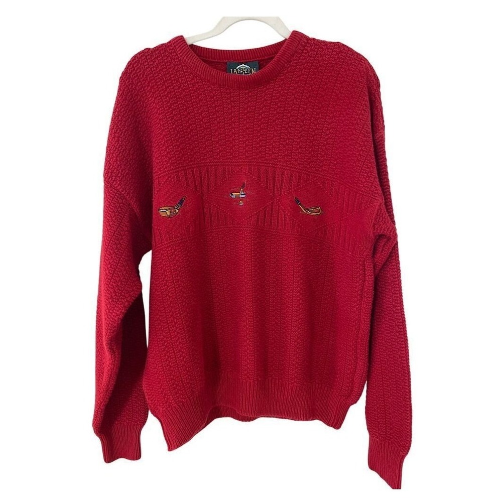 Jantzen Textured Red Cotton Golf Sweater Pullover Embroidered Novelty‎ Made USA